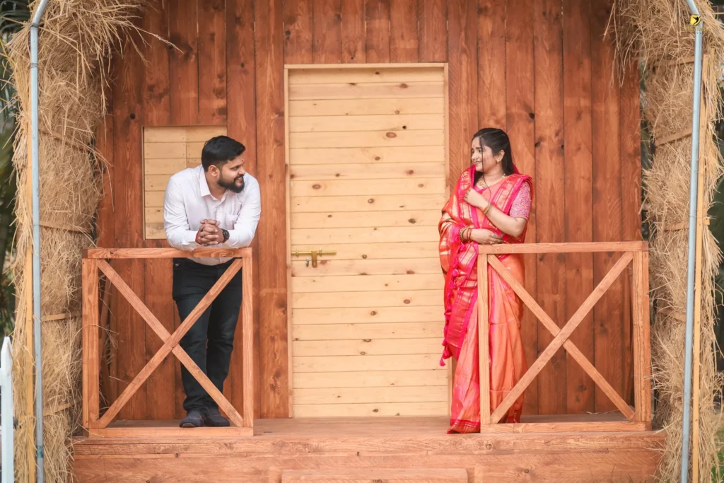 Outdoor couple portrait at Dream Town Film Studio wooden Domesetup
