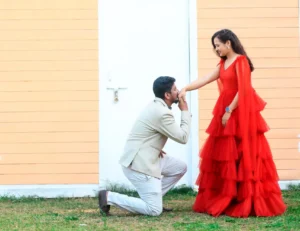 Bride in lehenga and groom in sherwani posing at Dream Town Film Studio