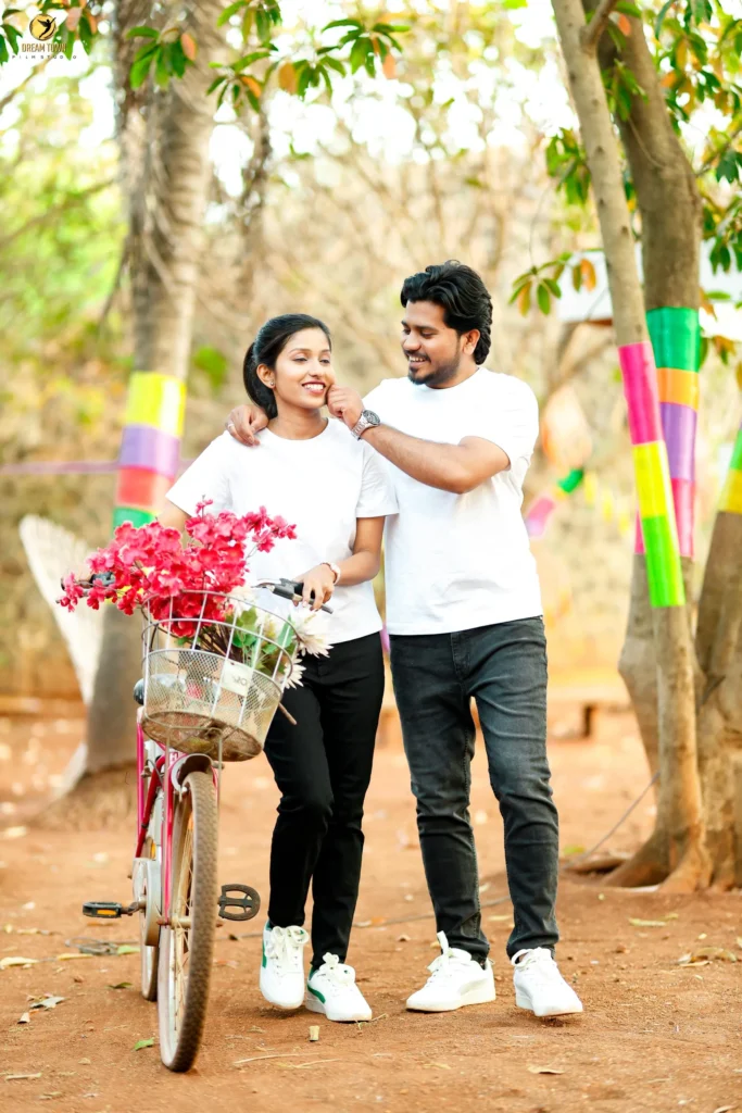 Outdoor couple portrait at Dream Town Film Studio garden setup