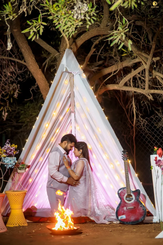Dream Town Film Studio wedding shoot with creative lighting and tent setup